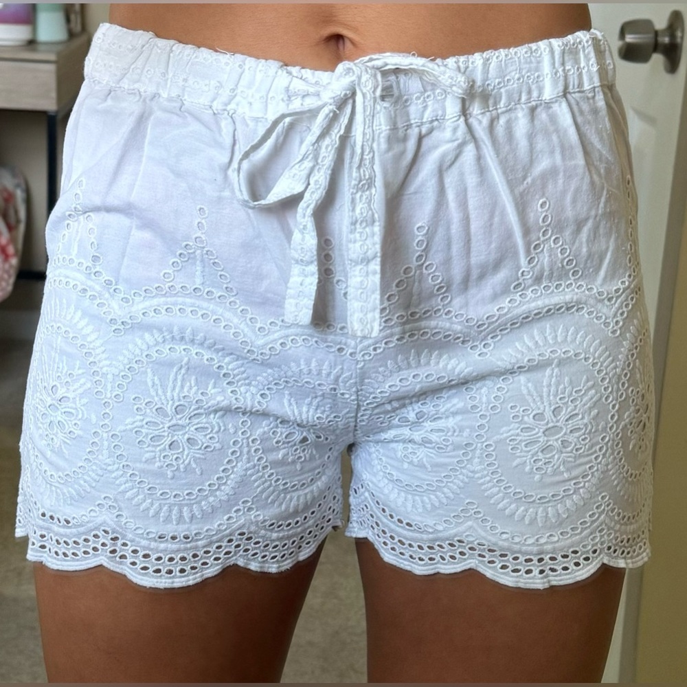 White lace/crochet drawstring shorts